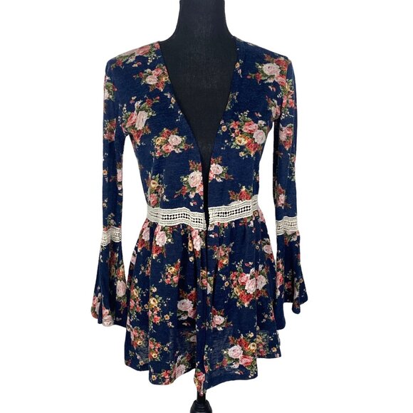 MAUVE Women Floral Open Front Sweater Sz S Blue Long Sleeve Cardigan 10A-8 - Picture 1 of 10